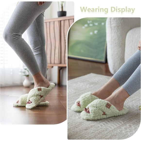 ⚡Women’s Light Green Faux Fur Cozy Fuzzy Cross Band Slippers House Shoes - Picture 2 of 6